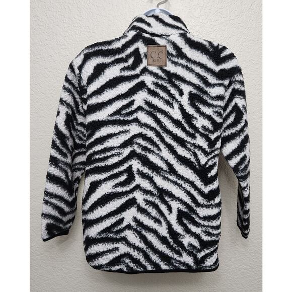 C.C. Kids Girlie Girl Black White Animal Print Sherpa Pullover Jacket YL Pockets - Picture 5 of 8